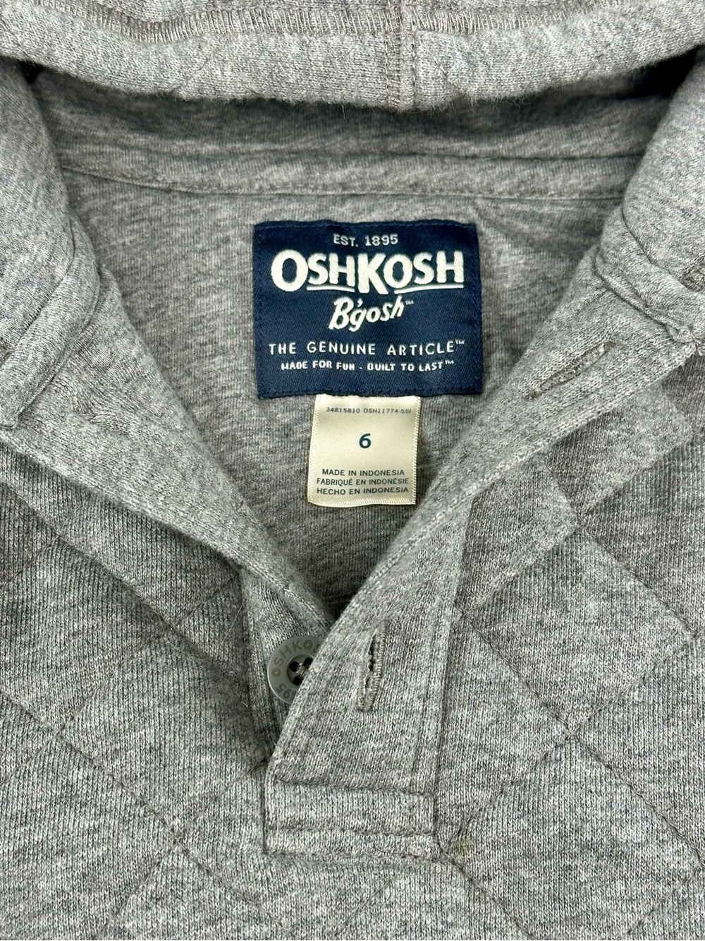 OshKosh B’gosh Boys Size 6 Gray Quilted Pullover Hoodie Henley Sweatshirt - Picture 3 of 7